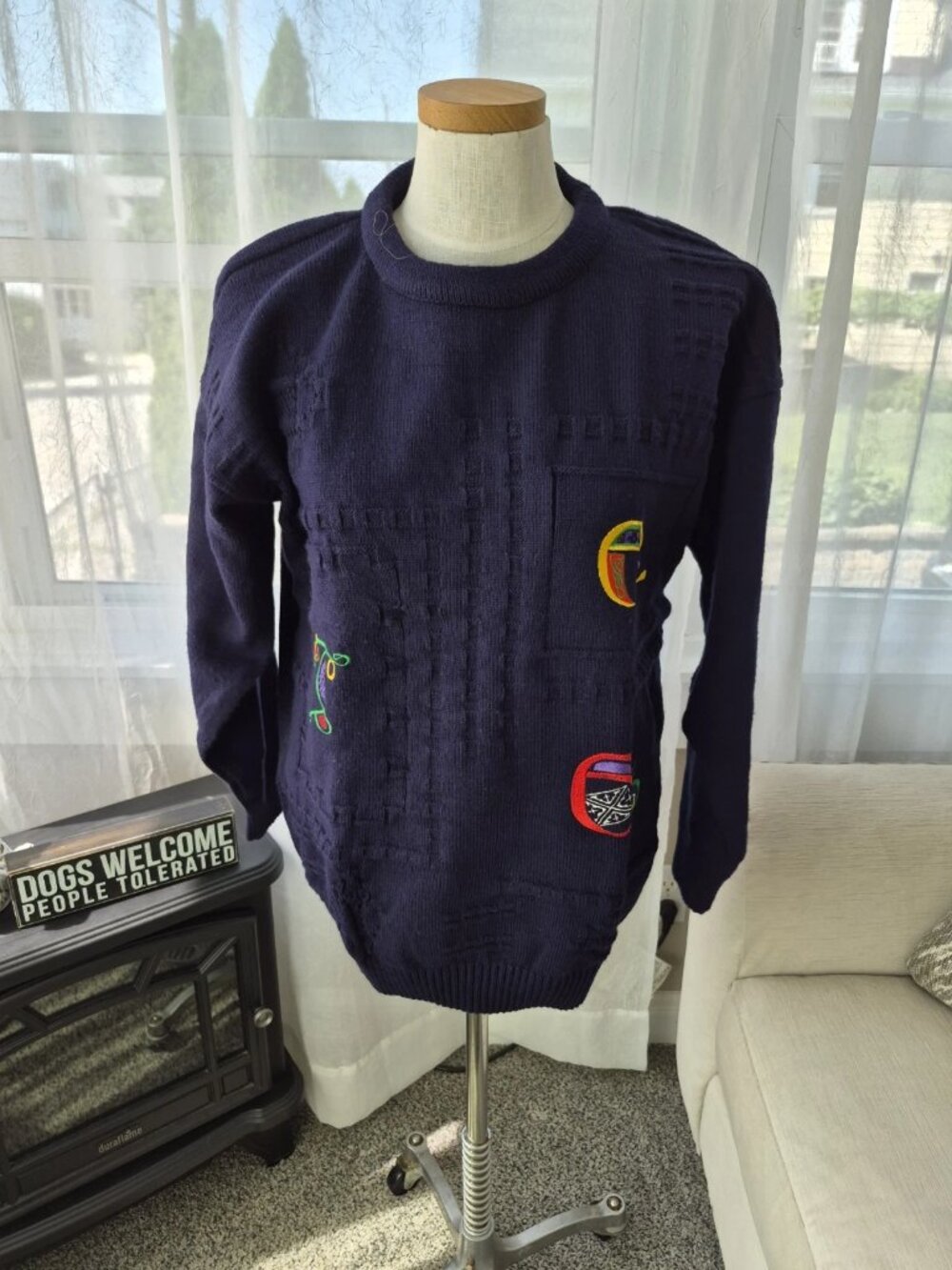 Vtg Emerald Isle Knit Sweater S Blue Embroidered Textured Crew Ireland Irish